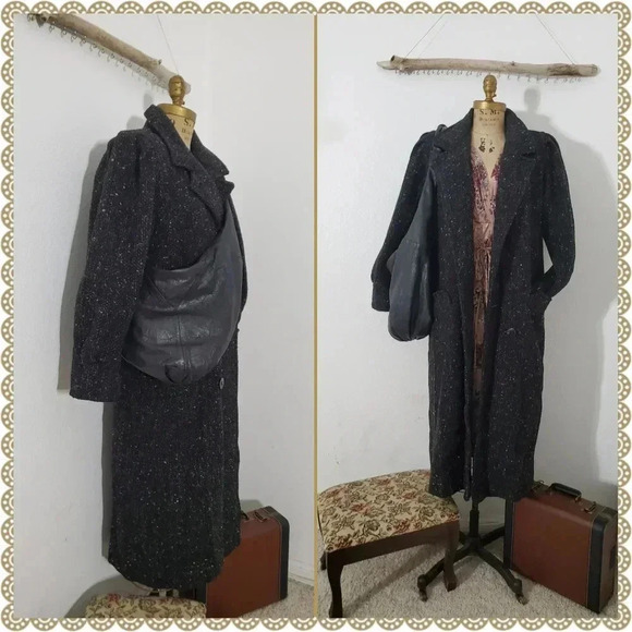 Vintage Black Tweed Long Blazer Oversized Batwing Pea Coat